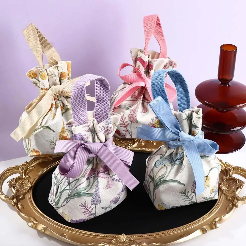 

Floral Canvas Drawstring Bag Tope Handle Korean Style Flower Wrist Bag Storage Bag Bucket Bag Festive Sugar Bag Female/Girls