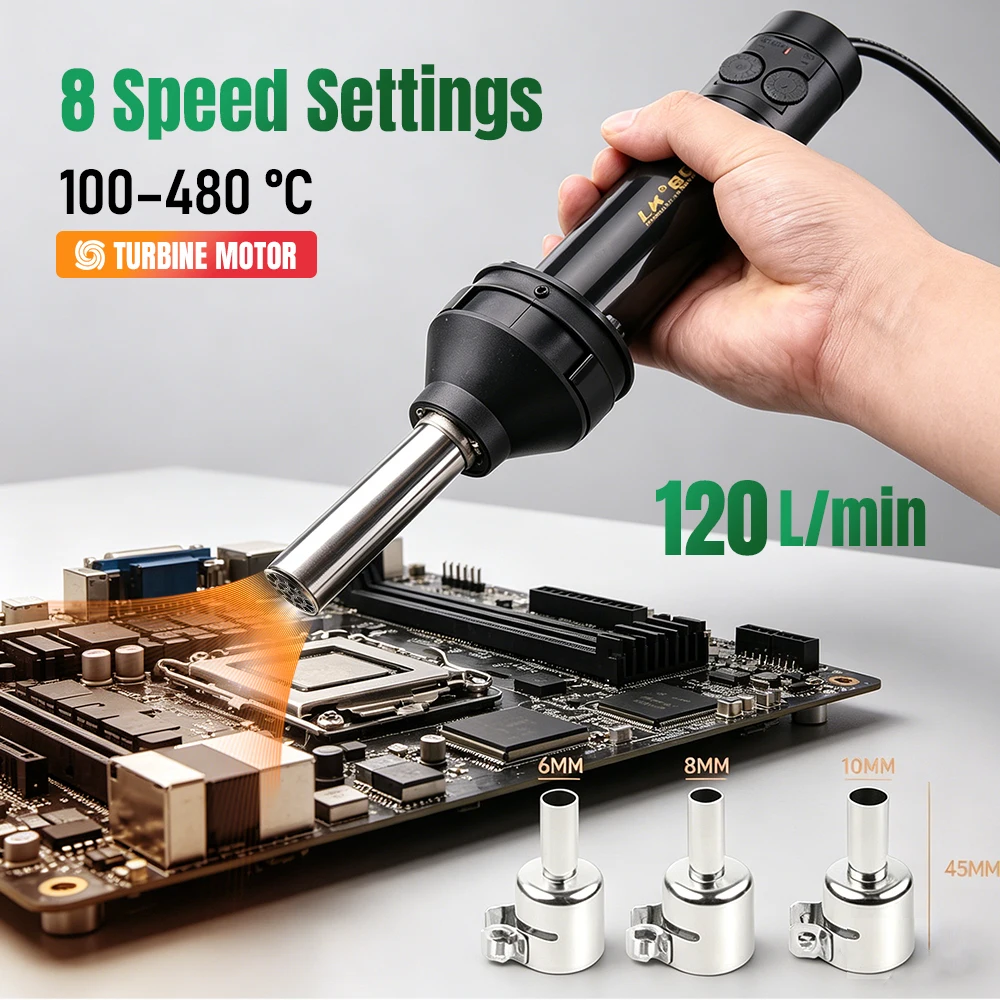 

8032 Hot Air Gun 100-480℃ 8 Speed Adjustable Heat Gun Portable SMD Rework Station with Nozzles for PCB Phone & Laptop Repair