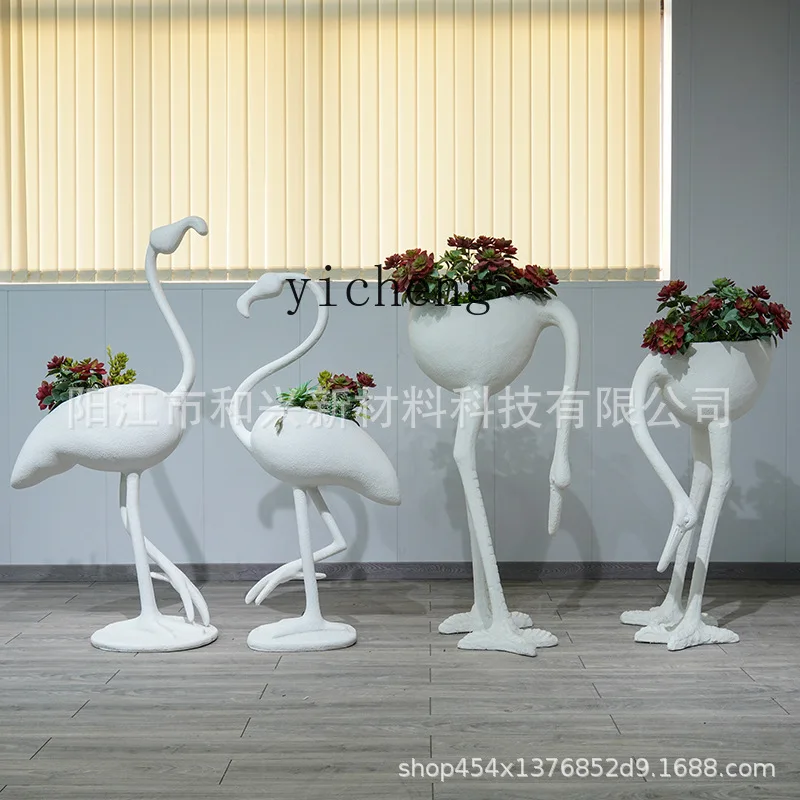 L7-8 large flamingo sculpture vase shopping mall courtyard green plant flower ware outdoor cement fiberglass flower pot ornament