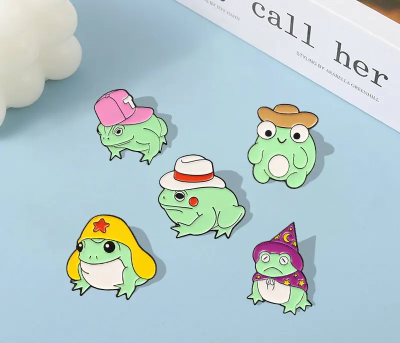 Enamel Pin Custom Formal Hat Nightcap Brooches Bag Lapel Pin Cartoon Animal Badge Jewelry Gift for Kids Friends 5 Style Frog