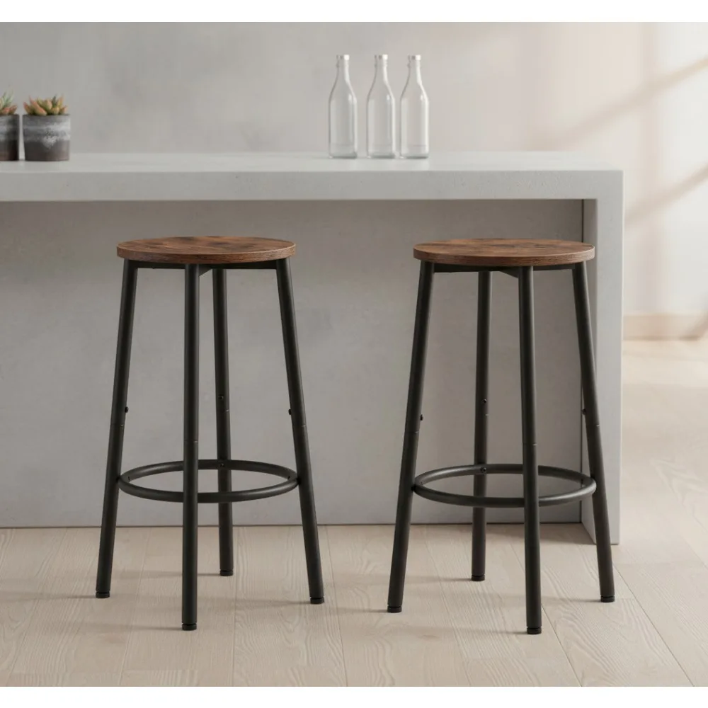 Set of 2 Kitchen Bar Stools with Footrest, Rustic Brown Steel Frame Counter Height Stools for Dining Room & Party