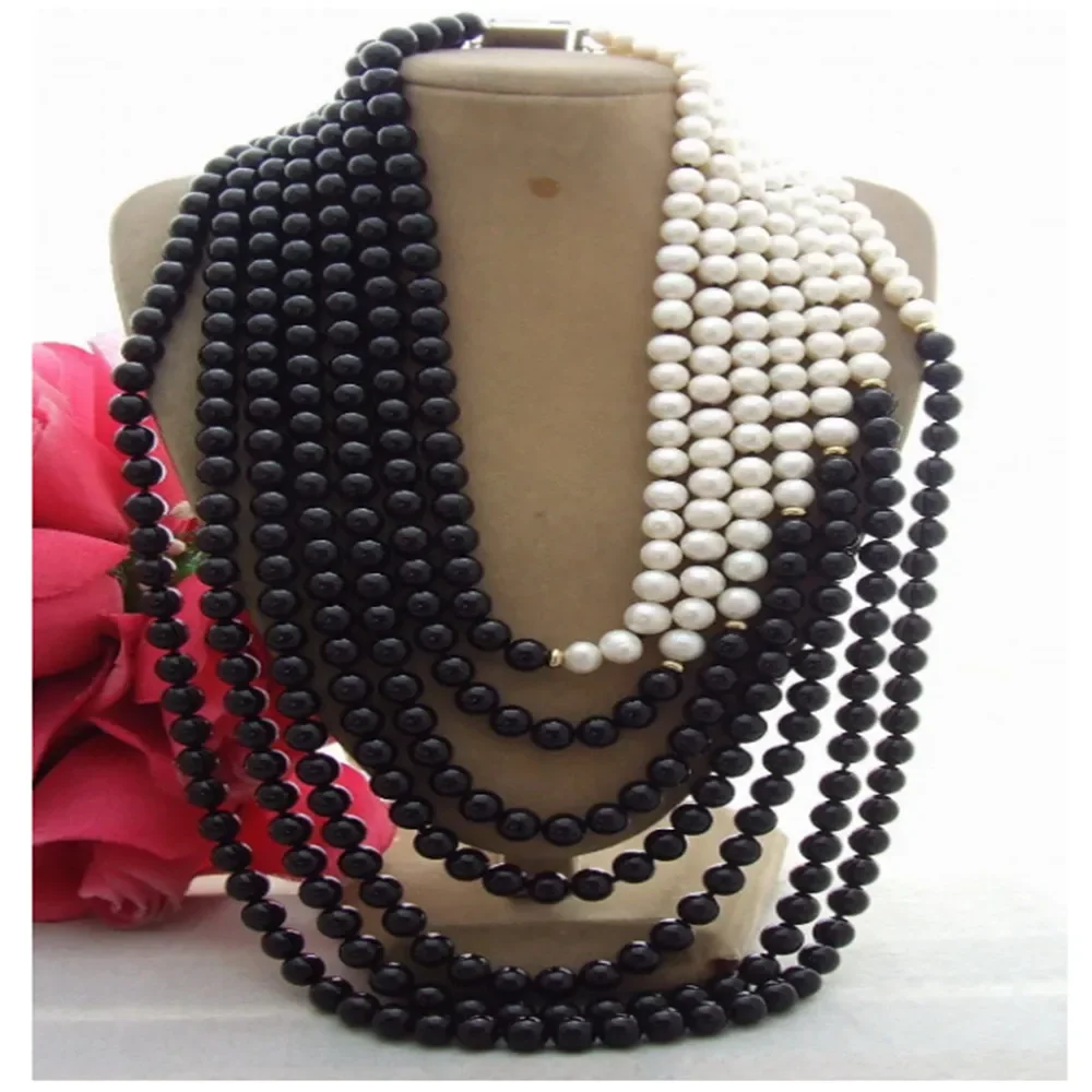 Hand knotted 7-8mm white freshwater pearl black agate necklace 45cm-60cm for women fashion jewelry