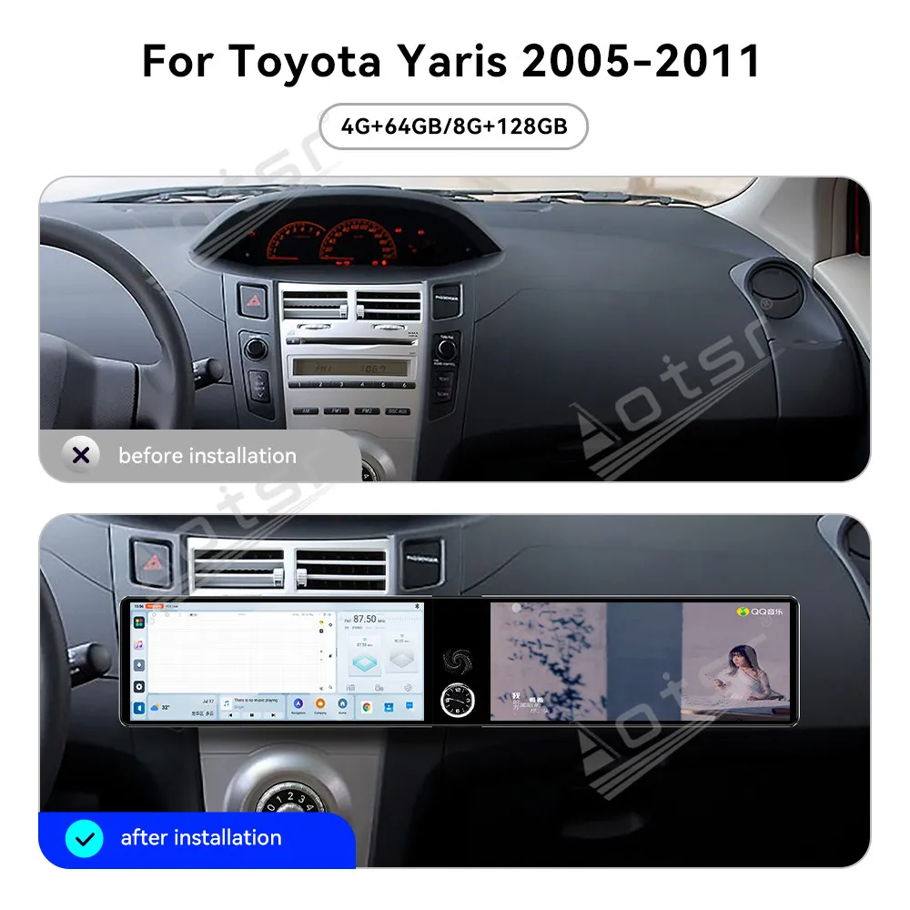 

Для Toyota YARIS 2005-2011: 12.3-дюймовое автомобильное радио с двумя экранами на Android 13, мультимедийный видеоплеер, GPS-навигация, Carplay, Wi-Fi