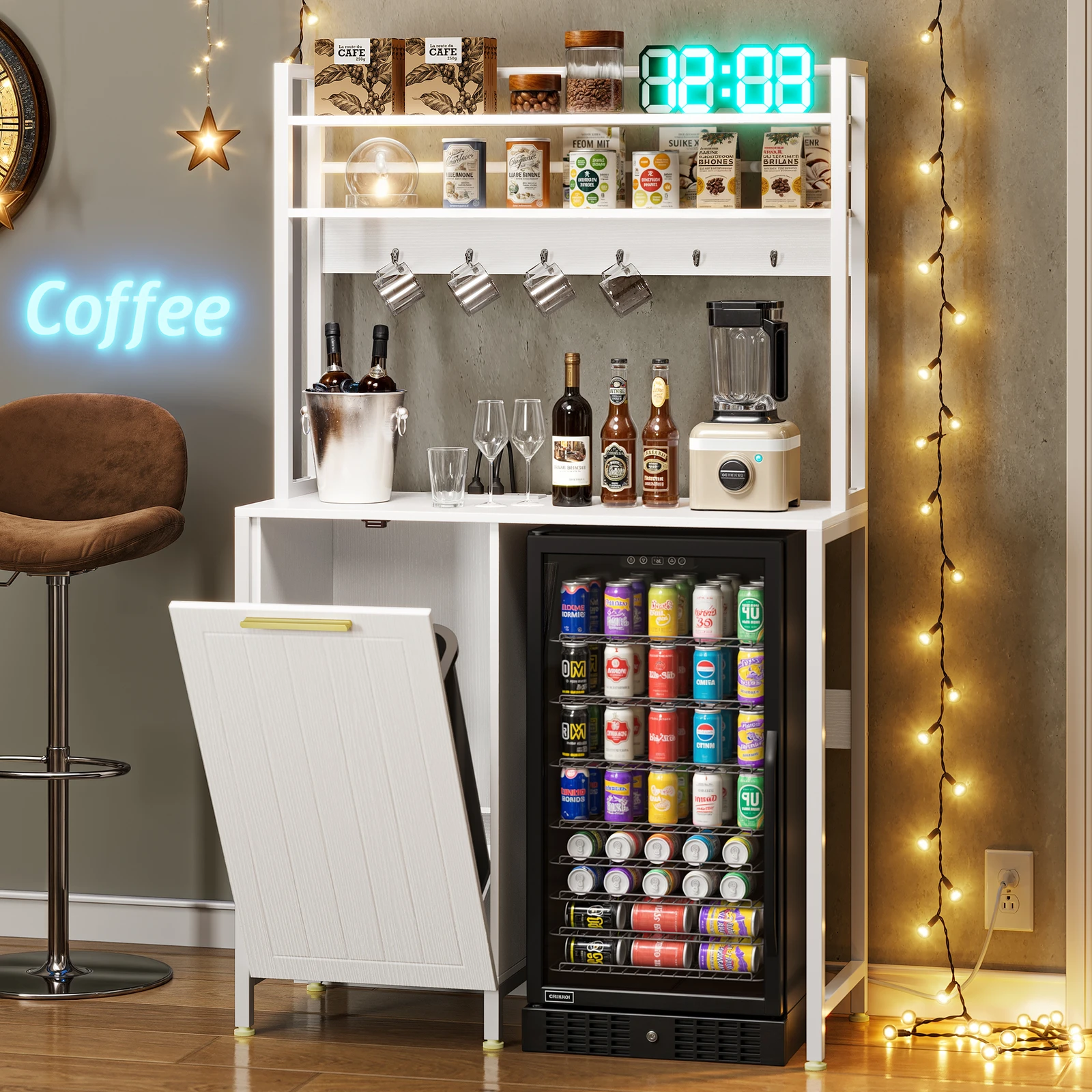 

3-Tiers Mini Fridge Stand with Trash Can Storage Power Outlets Freestadning