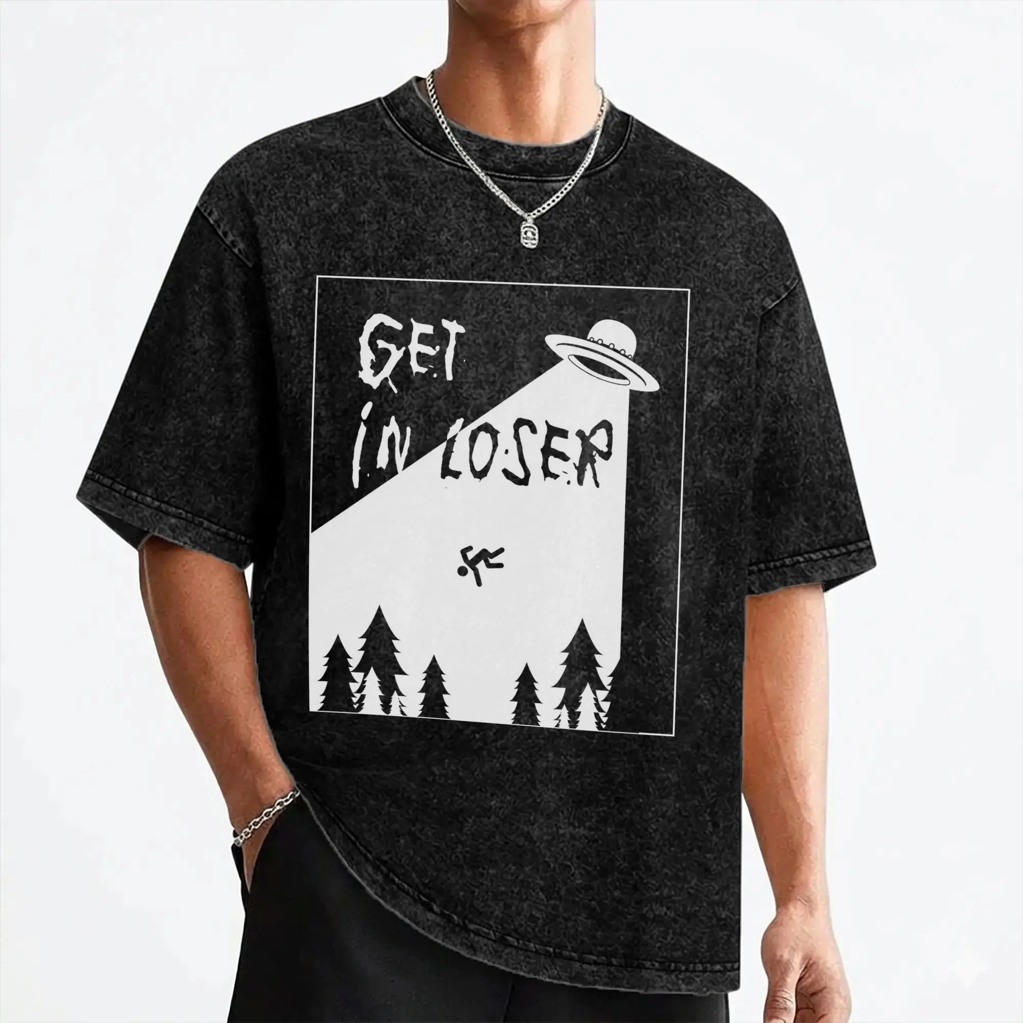 Get In Loser Alien design Abduction  Washed T Shirts Streetwear Hip Hop Vintage T-Shirt Tees for Men Women Short Sleeve Harajuku