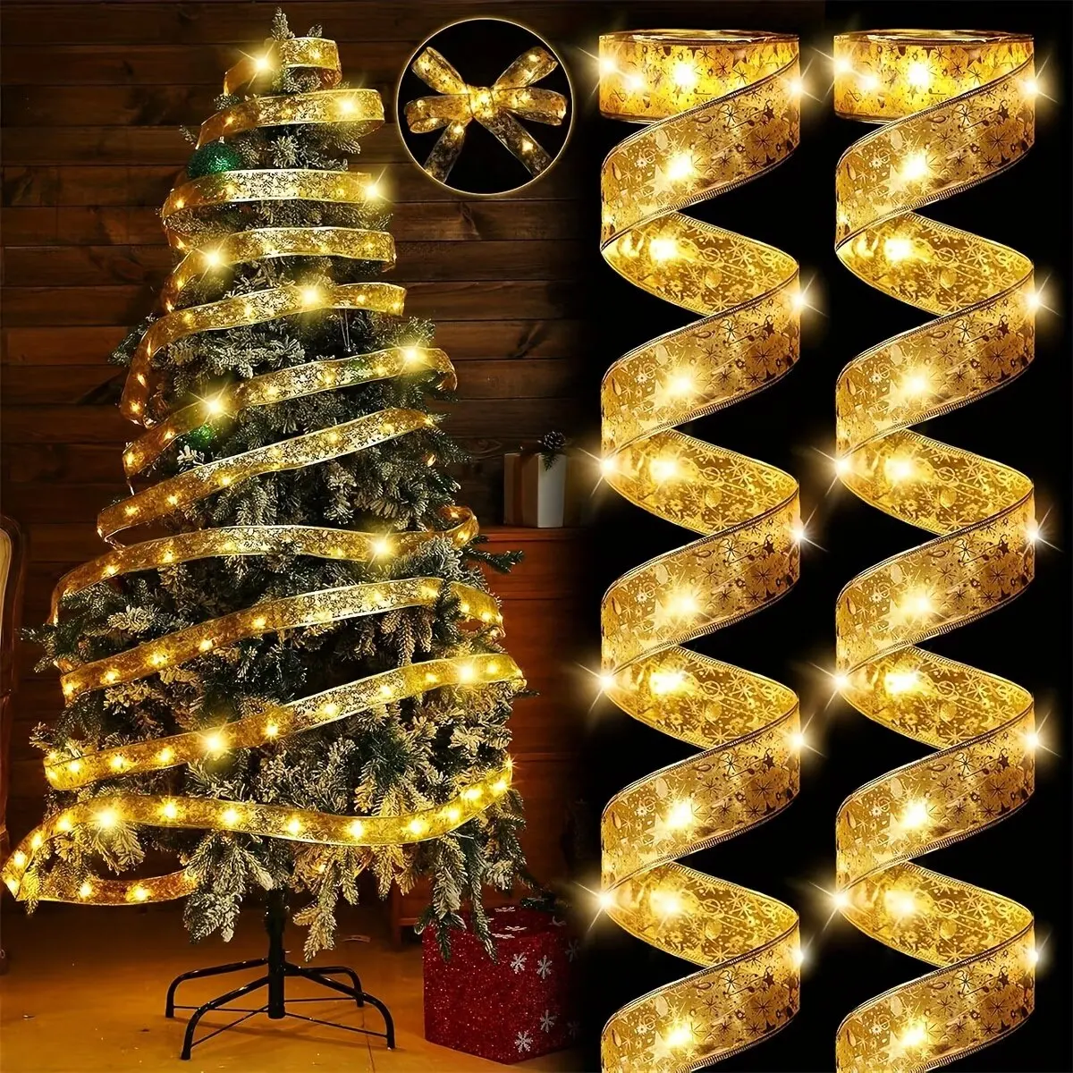 1PC LED Christmas Tree Ribbon Lights Battery Box Powered Warm White Lighting Indoor Xmas Holiday Party Wedding Atmosphere Decor