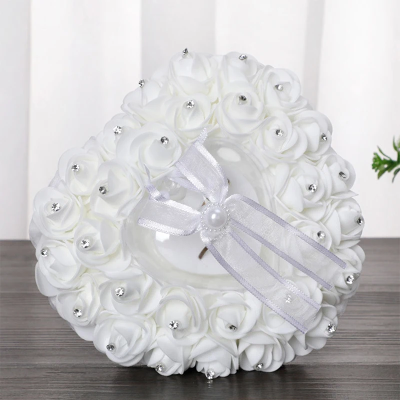 Wedding Ring Pillow Rhinestones Flowers Heart Ring Box Holder Ring Bearer Pillow Cushion for Wedding Ceremony Party