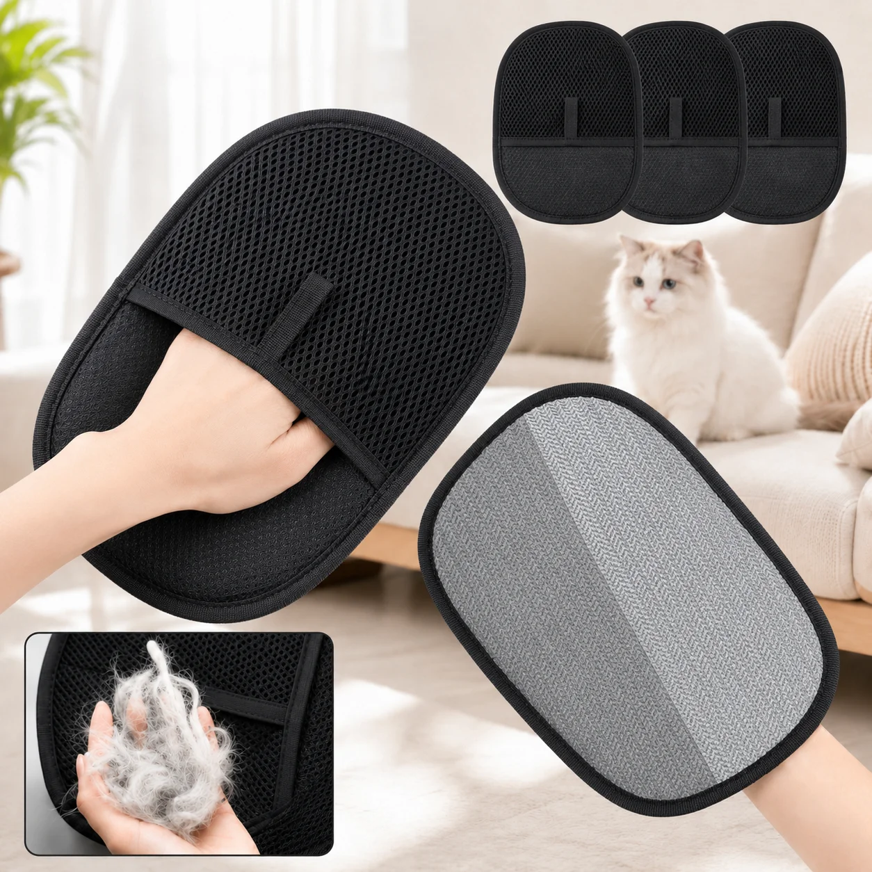 Pet Hair Remover Glove Reusable Grooming Brush for Cats & Dogs Electrostatic Deshedding Tool for Sofa Carpet Furnit