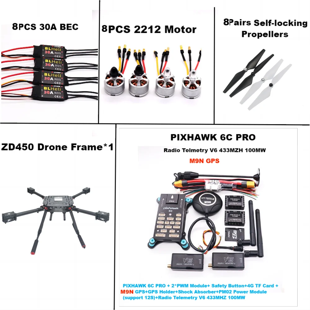 

F450 PIXHAWK 6C PRO M9N Dual motor Flight FiberFrame Kit Ardupilot 100MW Radio Telemetry Quadcopter BLHELI 20A 2212 Motor ESC