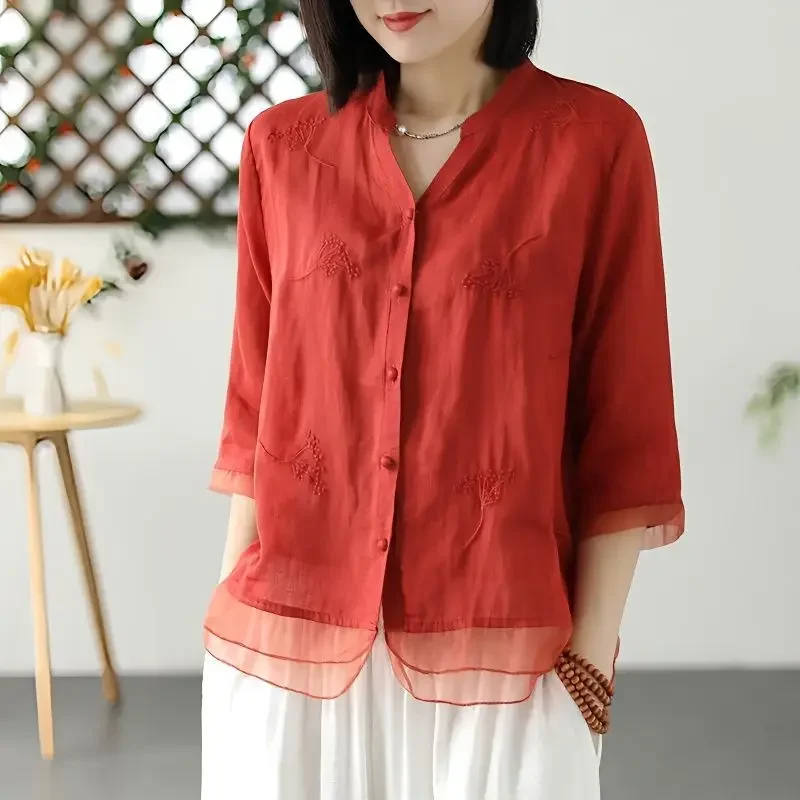 

Versatile V-neck Blouse Retro and Artistic Loose Embroidered Three-quarter Sleeve Shirt Top New Spring Summer Collection JJ61