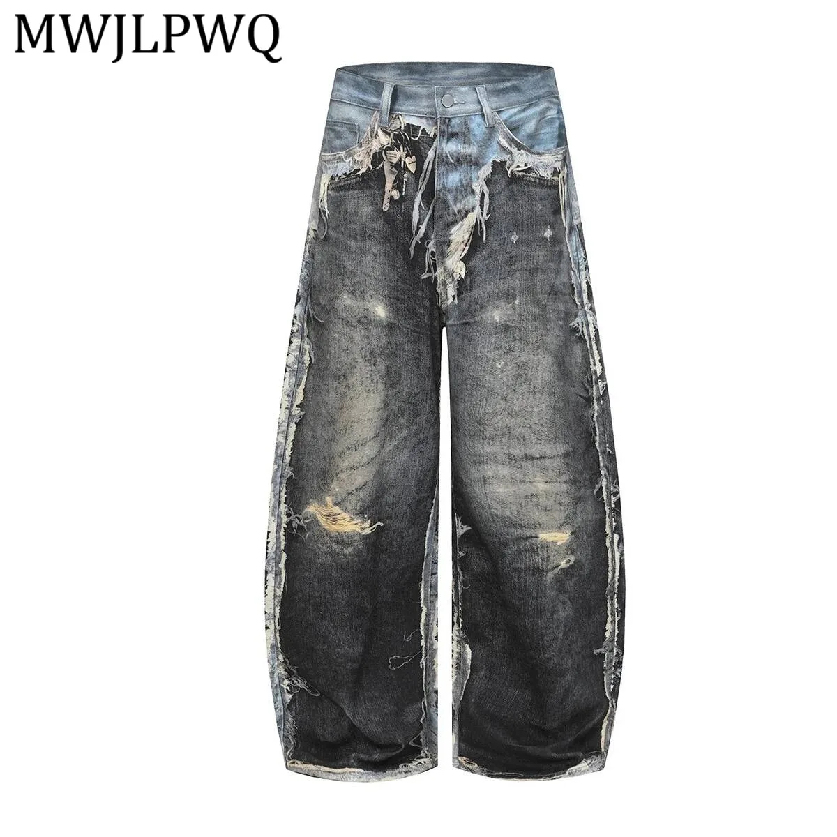 

MWJLPWQ RO Style Washed Printed Machete Jeans Men's American Heavy Distress Casual Loose Street Wide-Leg Pants Spring 22005