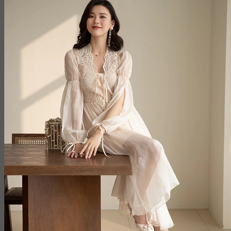 Luxury Wedding Bride Female 2 Pieces Robes Sets Long Sleeve Elegant Lace Embroidery Long Nightgowns Bride Satin Bathrobe