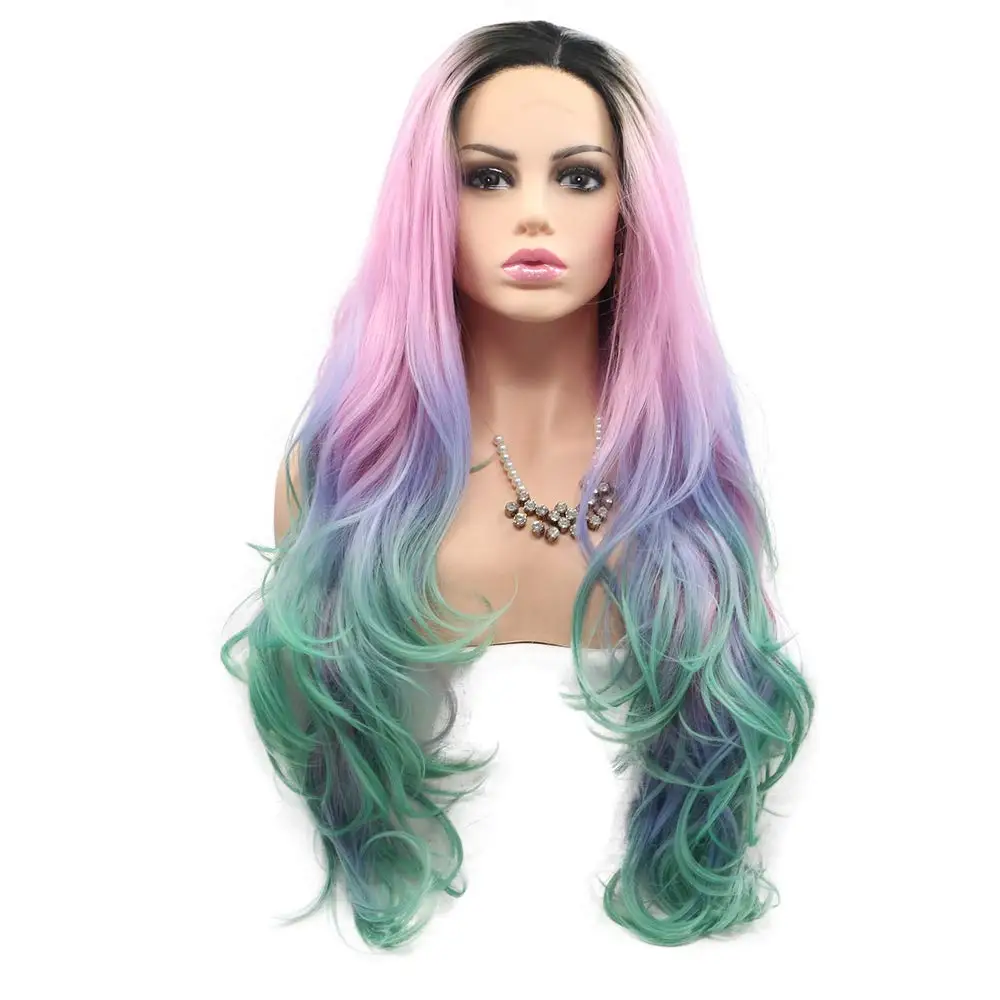 

Ombre Colorful Wigs Synthetic Lace Front Wigs Long Wavy Wigs Heat Resistant Fiber Pink /Green Dark Roots Wigs Middle Part