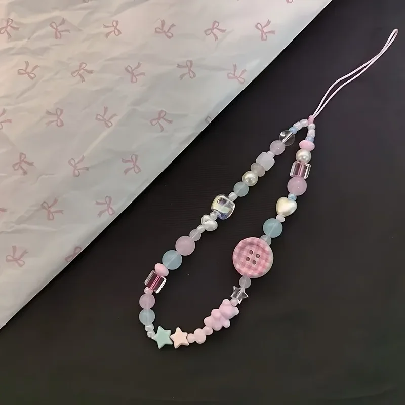 Gantungan Ponsel Korea Manis Lucu 3D Pink Berhias Kancing dan Manik-Manik, Tali Lanyard untuk iPhone Samsung Universal, Anti-Hilang, Perhiasan Tali Gantung