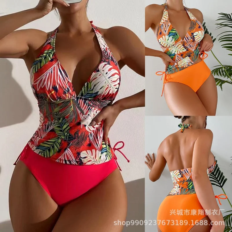 

Women's Monochromatic Leaves Printed Bikini Swimsuit, Monochromatic, Split Triangle, Lace-up, Wholesale