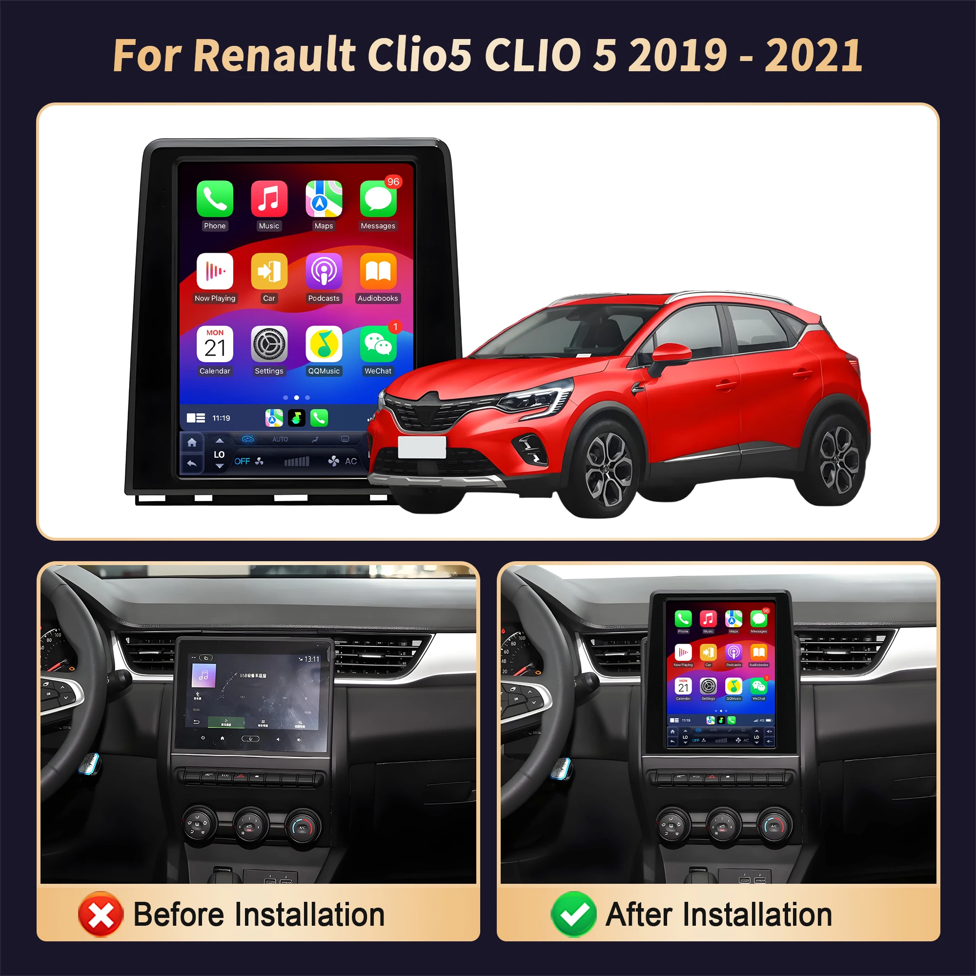 9.7inch For Renault Clio5 CLIO 5 2019 2020 2021 Wireless Bluetooth Carplay Car Radio Multimedia Head Unit Touch QLED Screen