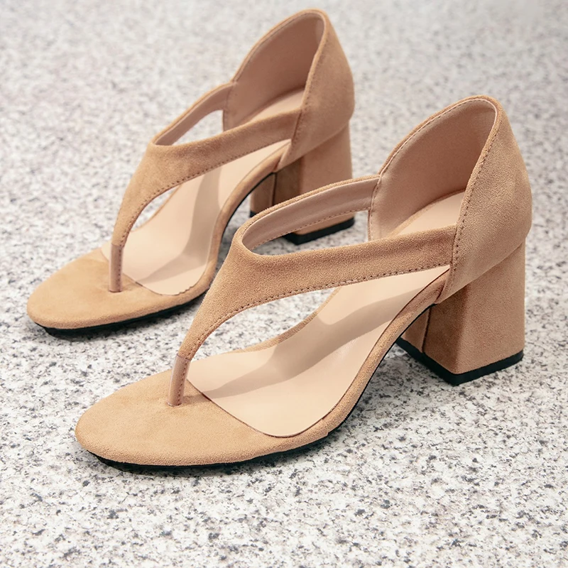 Women's new suede thick heel sandals with square toe and back pocket, gentle and versatile, side hollow thick heel sandals