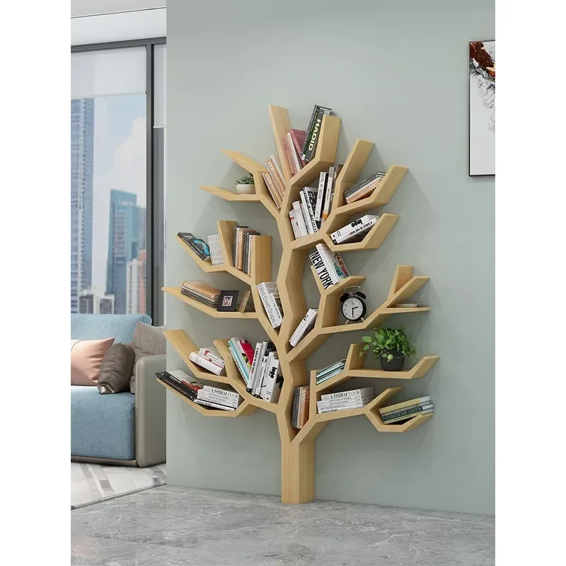 Simple Modern Solid Wood Tree Bookshelf Creative Wall Floor Shelf for Office Living Room Sofa Edge Decorative Storage Rack