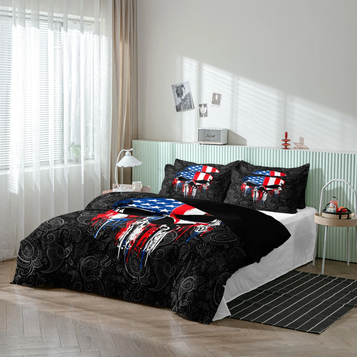 Vintage Paisley American Flag Skull Paint Duvet Cover Set, 3Pcs White Blue Drip Paint Patriotic Skeleton Pattern Bedding