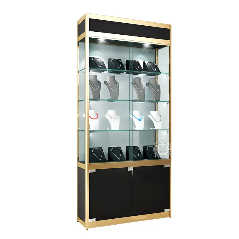 Custom. jewelry store standing wall glass cabinet jewelry display showcase with LED strip lights retail shop glass display