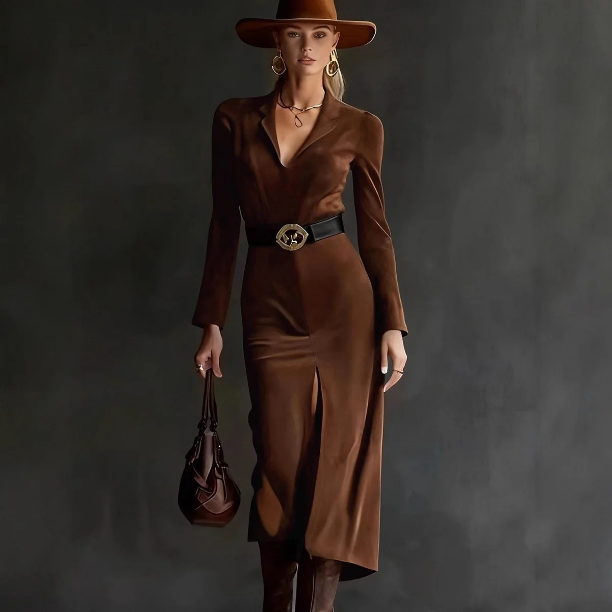 Women Suede Dress Blazer Dress with Belt for Spring Summer Bodycon Split Work Dress Jumpsuit