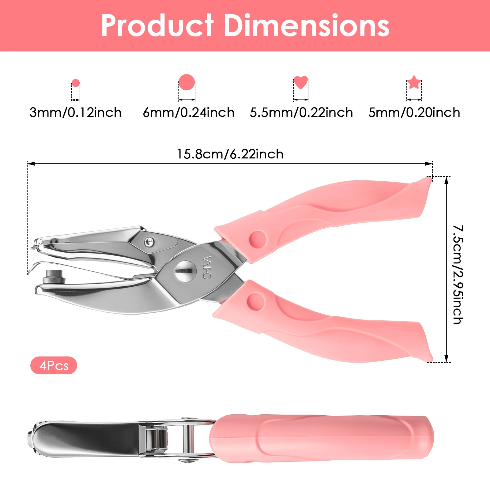 4PCS Handheld Hole Paper Punch Metal Single Handheld Hole Paper Puncher with Soft Grip Circle Heart Star Shape Puncher for DIY