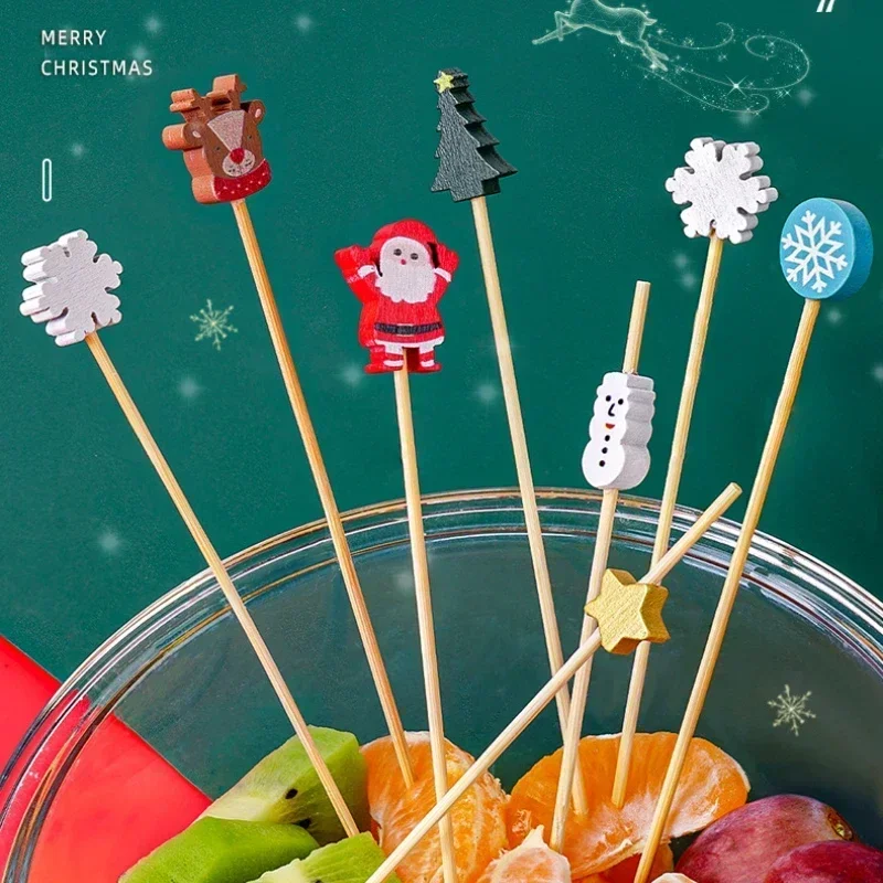 100pcs Christmas Disposable Bamboo Skewers Food Cocktail Picks Buffet Fruit Cupcake Fork Sticks New Year Party Decor Navidad
