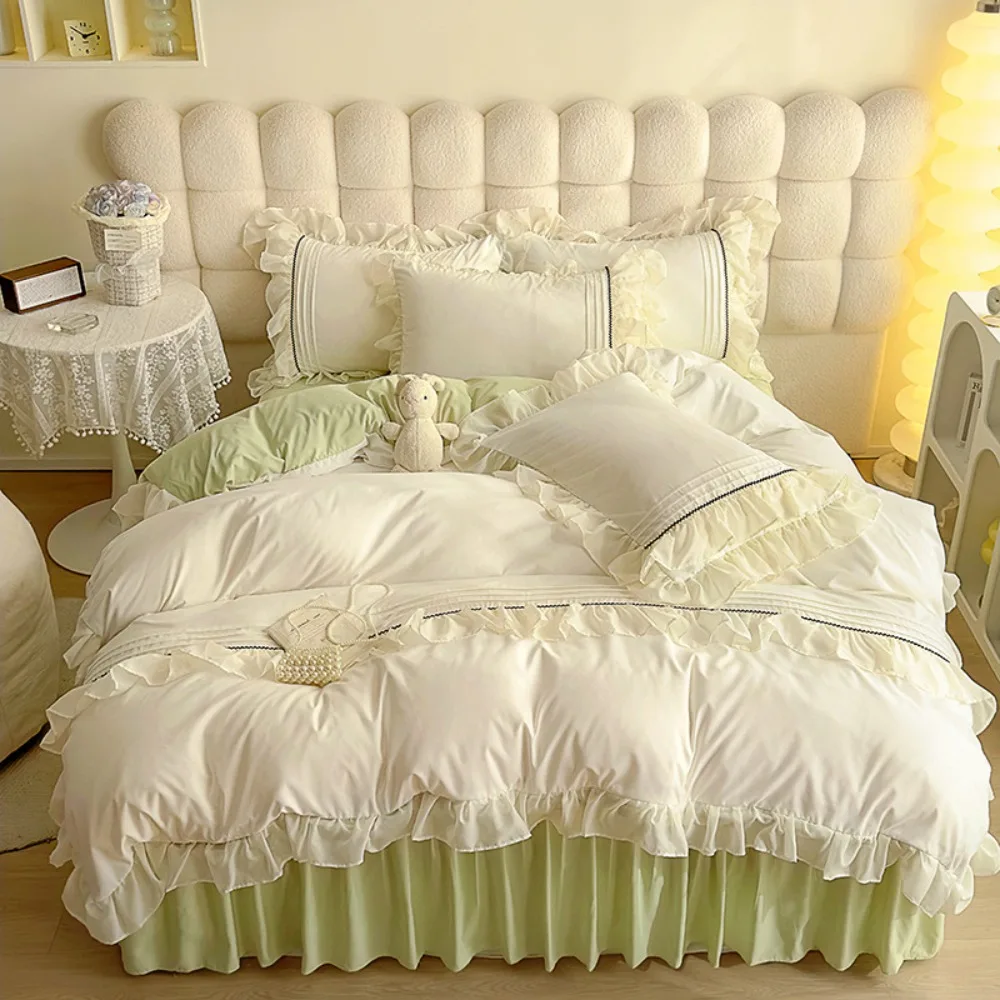 Princess Bedding Sets Korean Single 2026 New Ruffle Lace Quilt Cover 4pcs Pink White Queen Duvet Cover for Woman Girls Bedroom