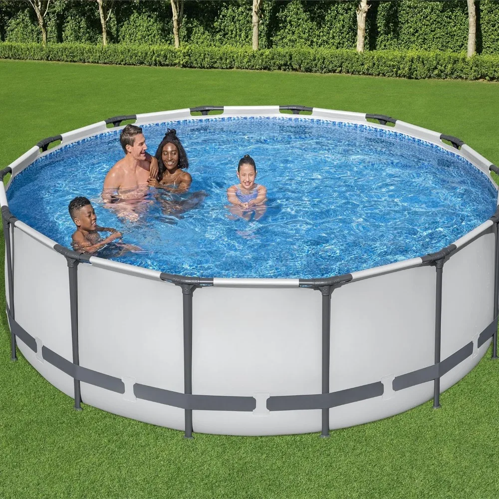 

14' X 42"Patio Pool, Round Above Ground Swimming Pool Set Outdoor Metal Frame Family Pool with Filter Pump, Ladder and Cover