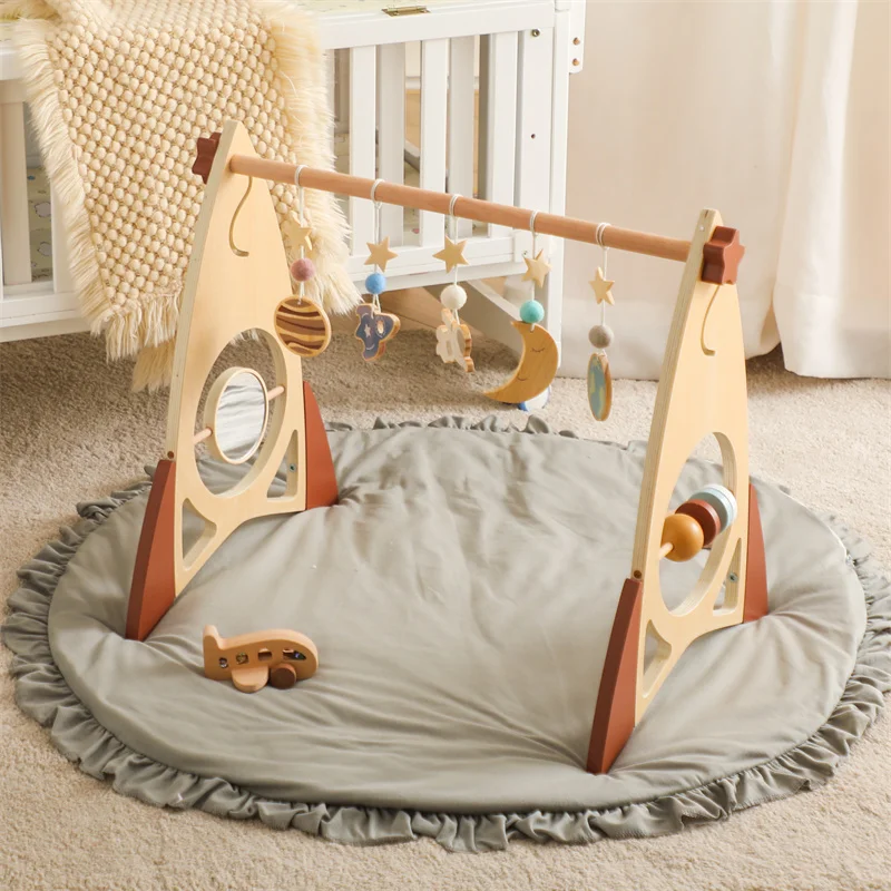 Baby Wooden Gym Frame Rocket Model Newborn Activity Gym Frame Hanging Pendant Rattle Toys For Baby Education Montessori Toys