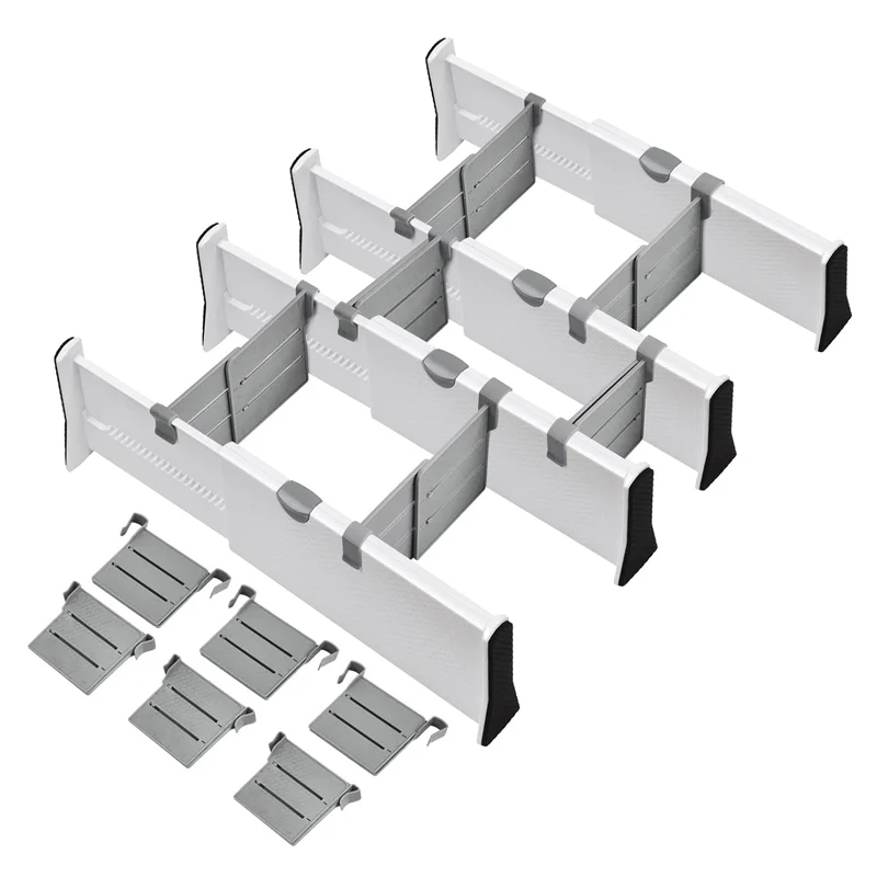 

Drawer Dividers Organizer 4 Pack, Adjustable Separators with 6 Inserts 4Inch High Expandable From 11-17Inch for