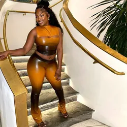Sexy O Neck Hollow Out Crop Top High Waist Pencil Pants Summer Fashion Streetwear Gradient Printed Bodycon Women Two Piece Set