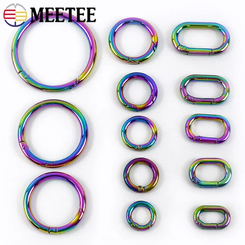 Meetee 5/10Pcs 10-50mm Rainbow Spring Metal O Ring Buckle Carabiner Snap Clip Keychain Clasp Clothes Bags Rings Hook Accessories