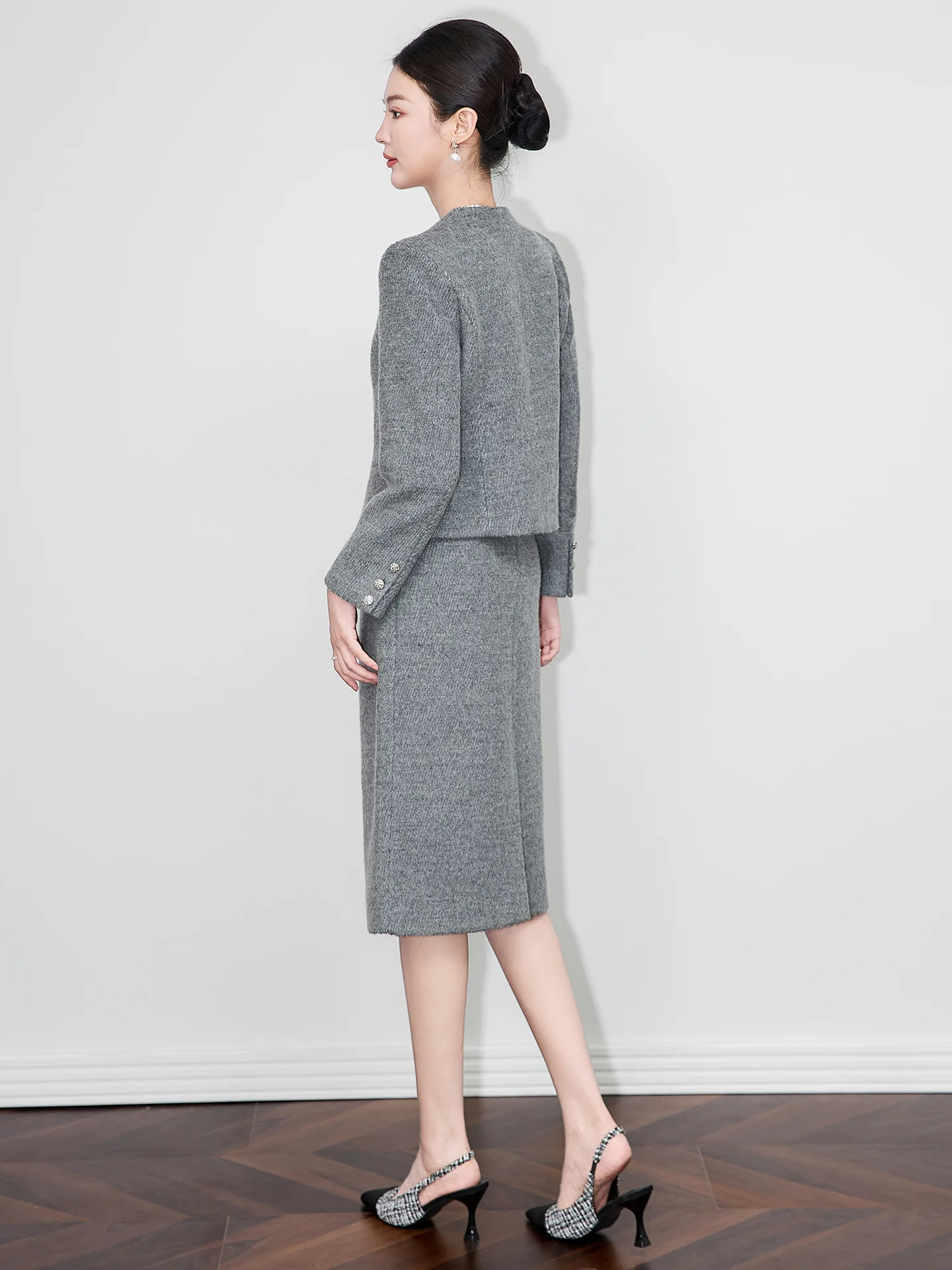 ZJYT Setelan Jas Wol dan Rok Midi 2 Potong untuk Wanita Kantoran Elegan, Musim Gugur Musim Dingin 2025, Pakaian Wanita untuk Pesta, Warna Abu-abu