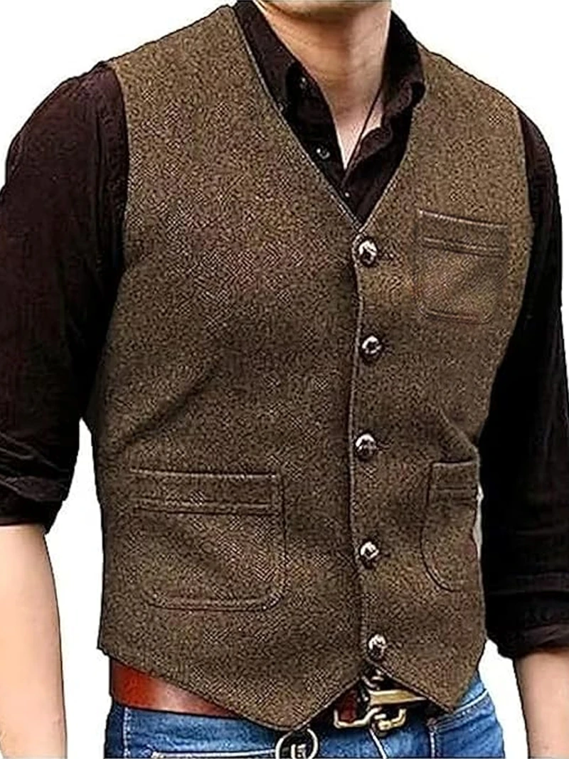 Men's Suit Formal V Neck Wool Green Herringbone Tweed Casual Waistcoat Formal Business Vest Groomman For Wedding