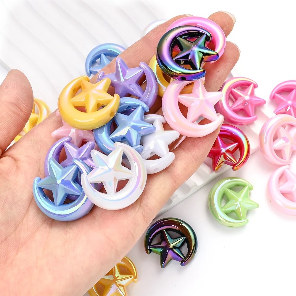 10Pcs Acrylic Moon Star Beads Creative Spacer Beads Ab Color Colourful Ornaments for Diy Pens Hairpin Handmade Keychain Charms