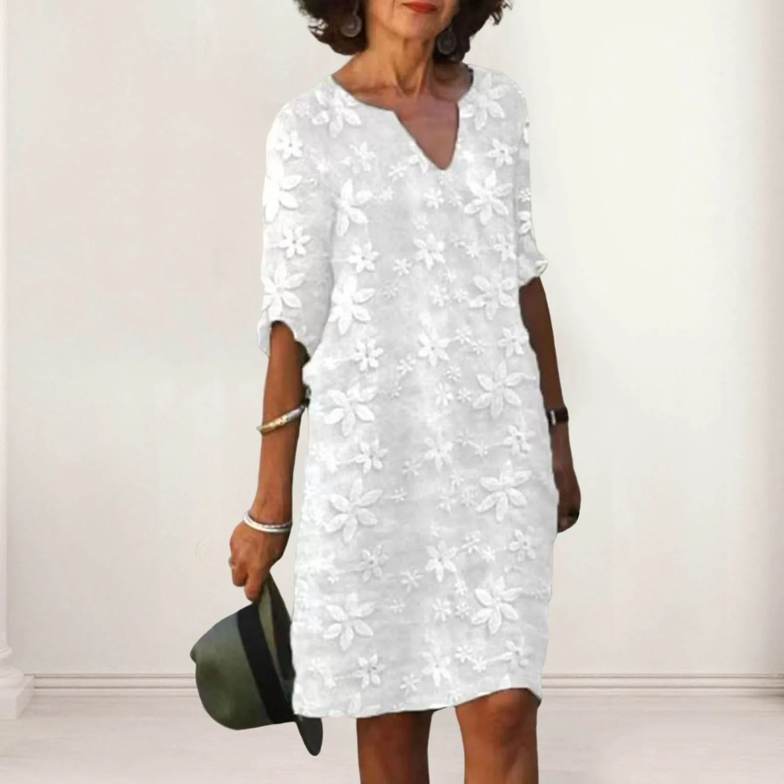 Women Sexy Dress White Hollow Lace Dress Short Sleeve Loose Midi Dresses 2025 Summer Casual Women\'s Casual Dress Vestidos Robe