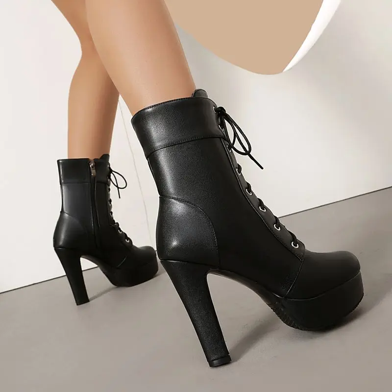 

Fashion Female Ankle Boots Round Toe 11.5cm Block Heel 3cm Platform Zipper Lace Up Extended Size 46 47 Winter
