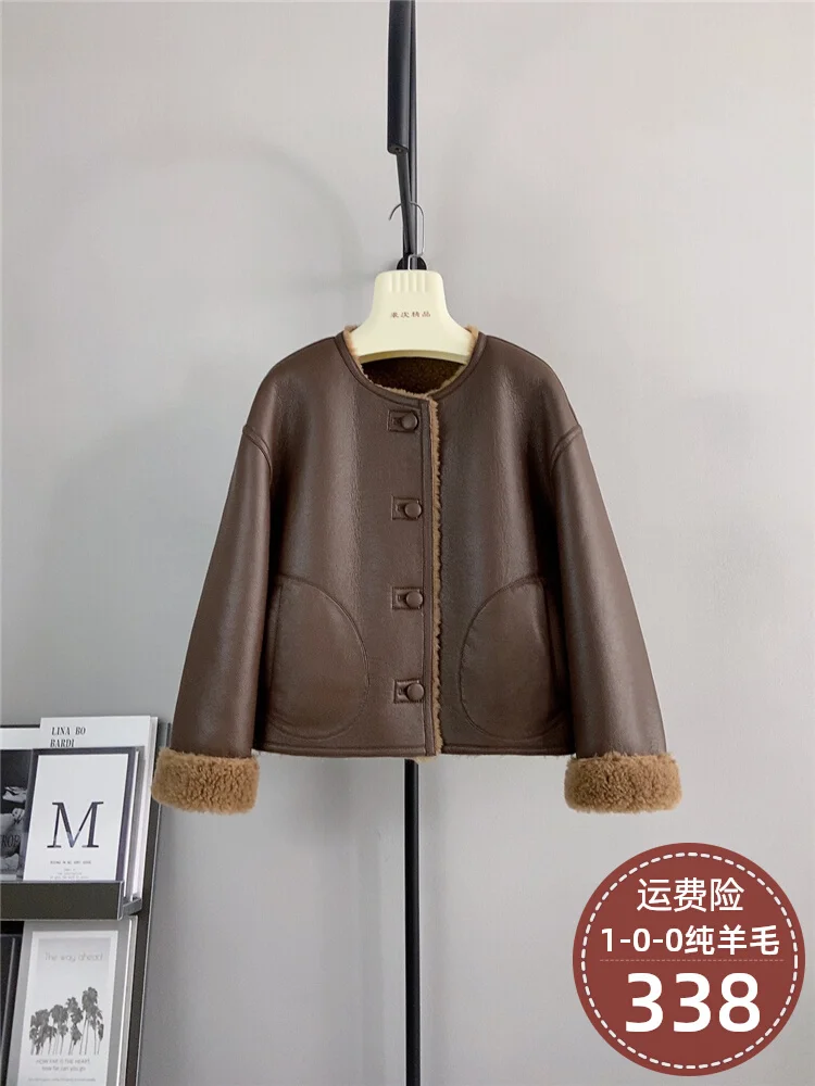 Sheep shearing flannel double-sided wearing large grain wool short style antique coat lamb wool coat small temperament Haining