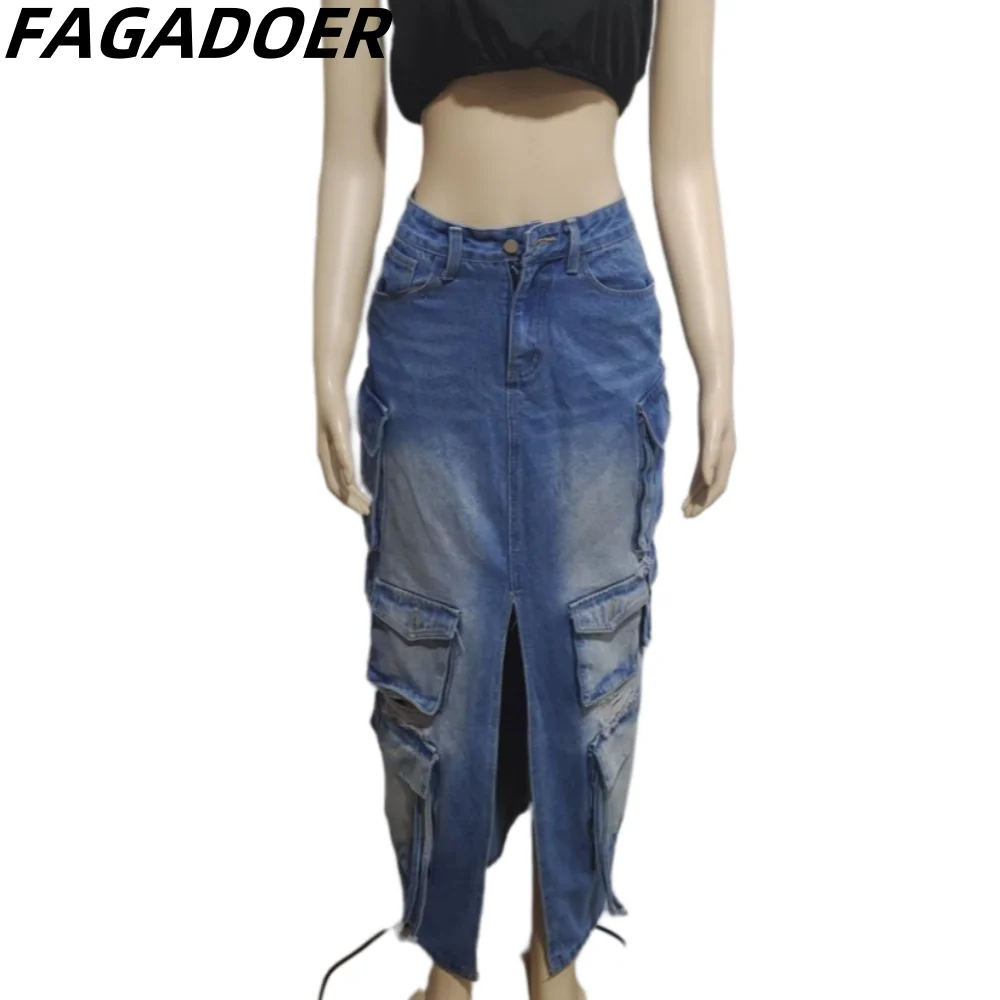 FAGADOER Fashion Trend Streetwear Women High Waisted Pocket Slit Pocket Cargo Denim Skirts Female Hole Matching Cowboy Bottoms