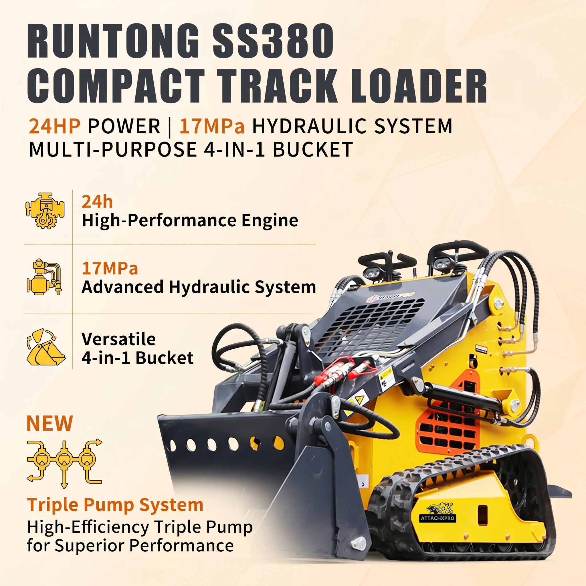 24HP Skid Steer Loader 4-in-1 Bucket 3-Stage Pump Hydraulic System New 2026 Free Shipping Compact Tracked Skid Steer