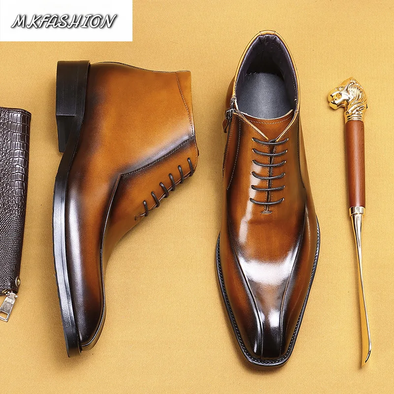 Retro Men's British Style Business Dress Genuine Leather Shoes Side Zipper Ankle Boots Short Booties