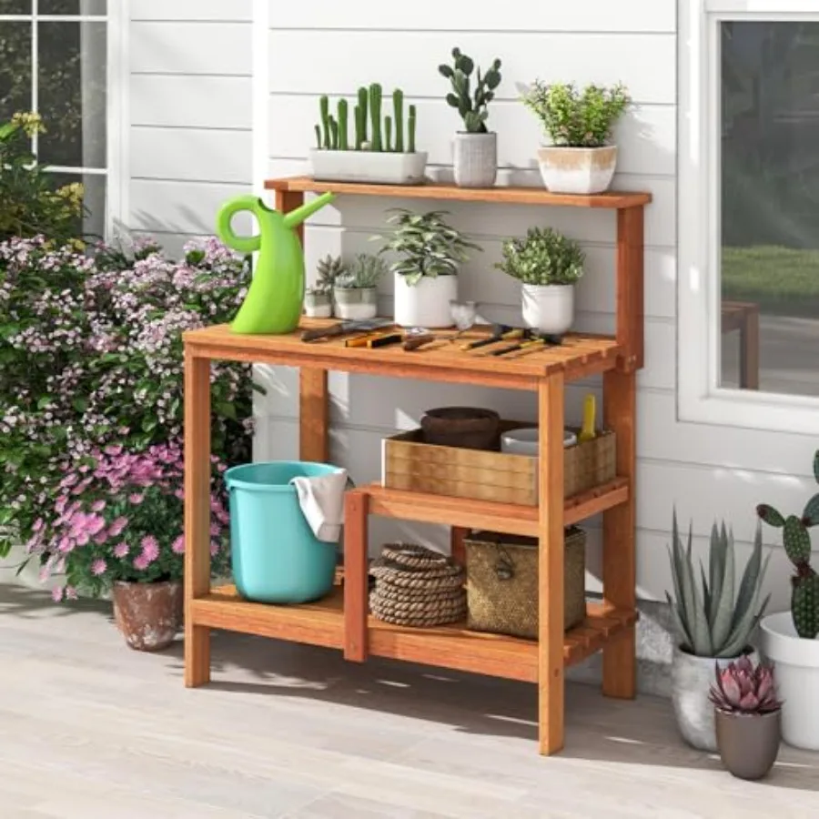 4-Tier Potting Bench, Solid Wood Gardening Workstation w/Open Storage Shelves, Teak Oil Finish, Outdoor Potting Table for Garde