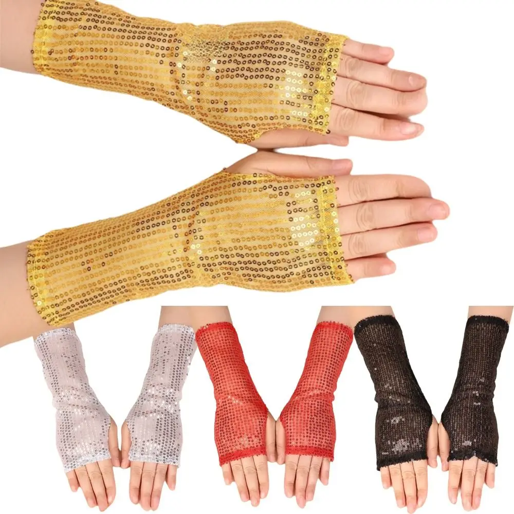 1Pair New Gothic Shining Sequins Gloves Punk Black Gold Red Performance Mittens Club Handwear Disco Costume