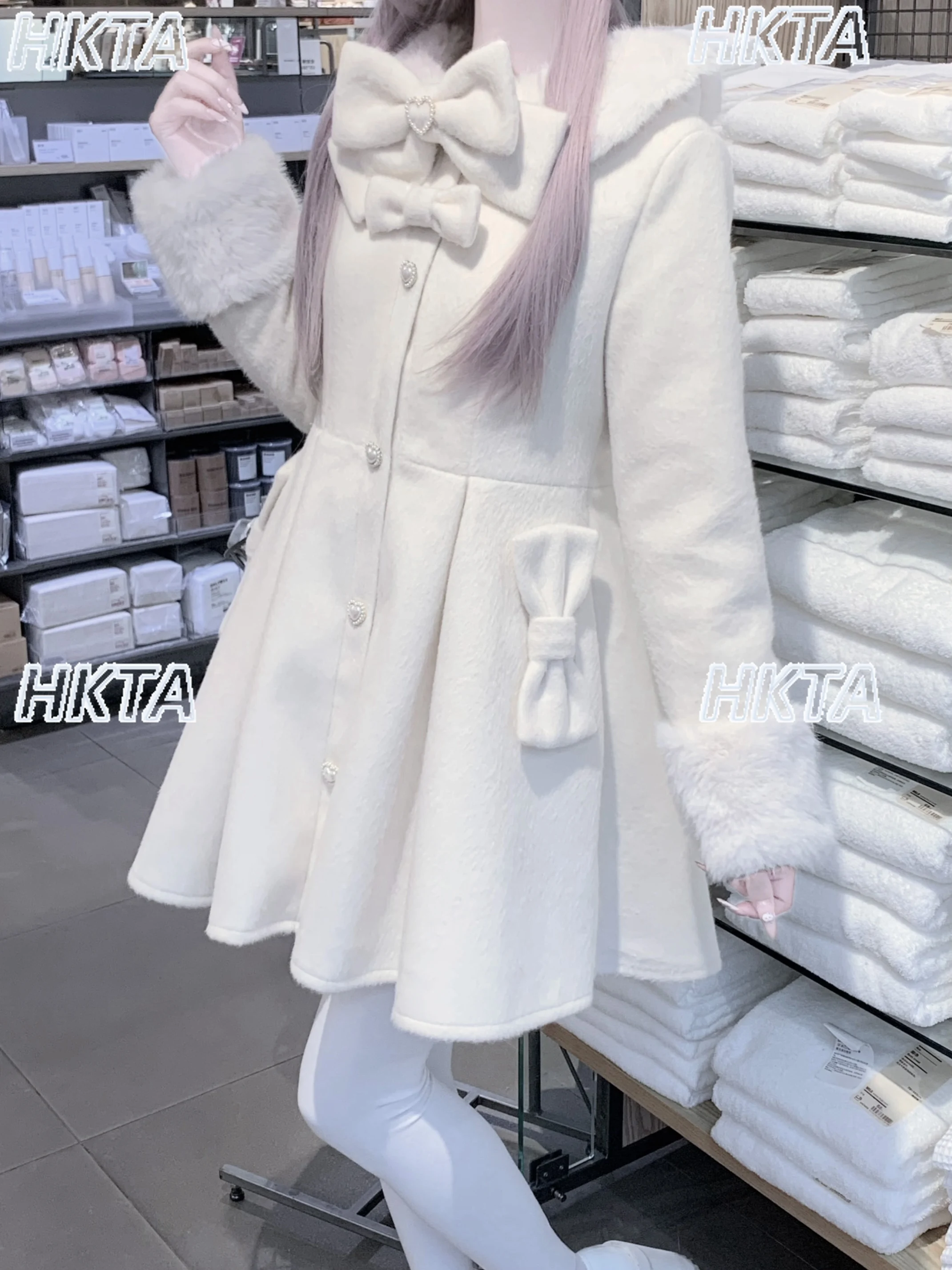 Design original de lã moda japonês doce casaco bowknot velo forrado quente bonito menina 2025 novo inverno longo jaqueta caxemira