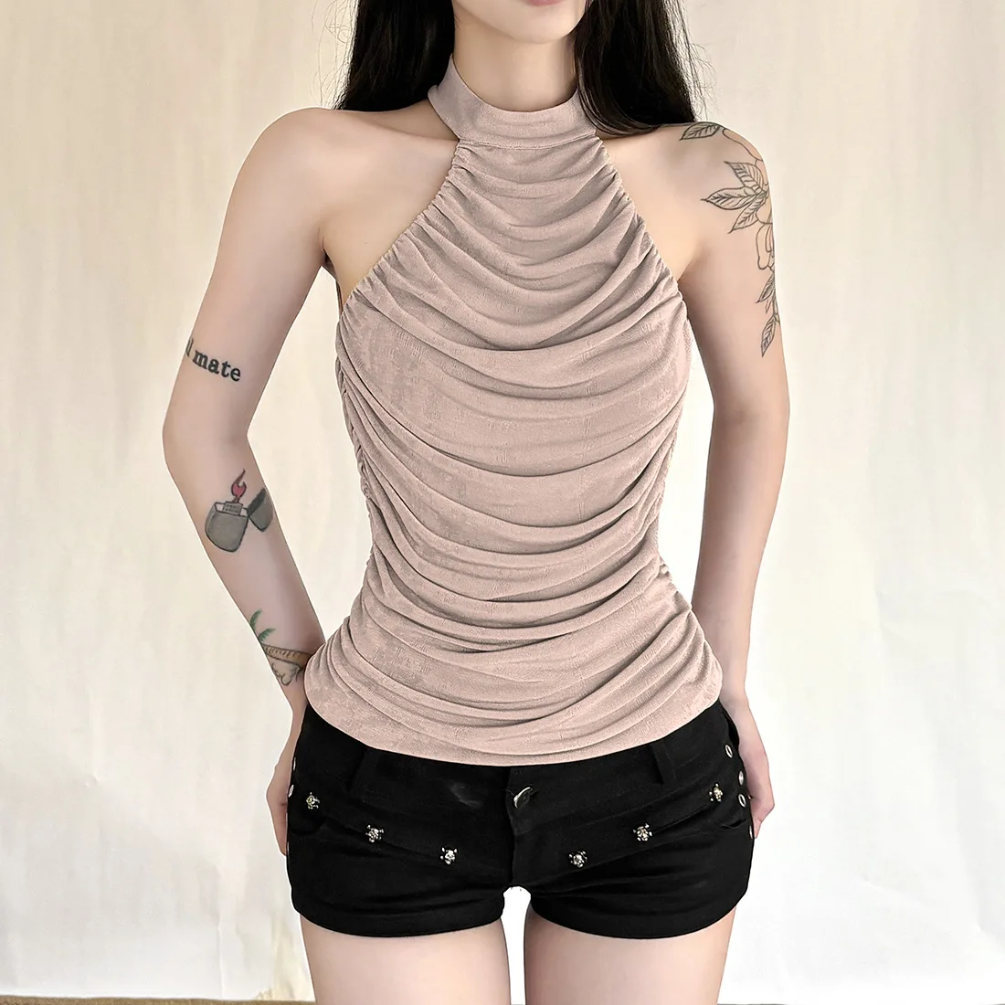 

Casual Fashion Tank Tops Women 2026 New Style Halter Off Shoulder Backless Hot Girls High Street Style Folds Classic Vest