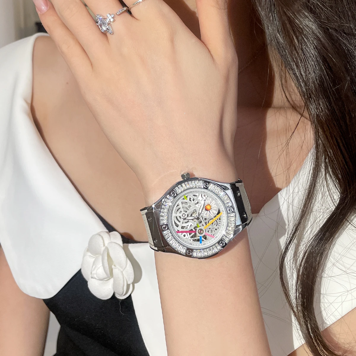 CILOA New Women's Waterproof Mechanical Watch - Large Dial, Diamond Accent, Transparent Dial