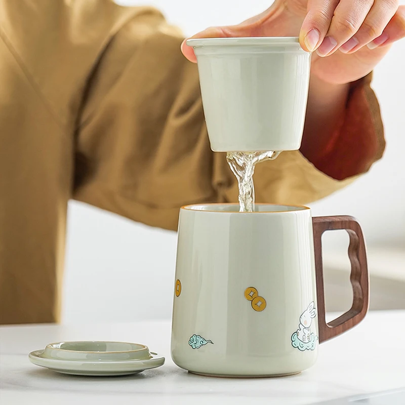 

Керамическая кружка с рисунком кролика в китайском стиле, персональная креативная чайная чашка, с крышкой, фильтрованным разделением воды для чая, 400 мл, 1 шт.