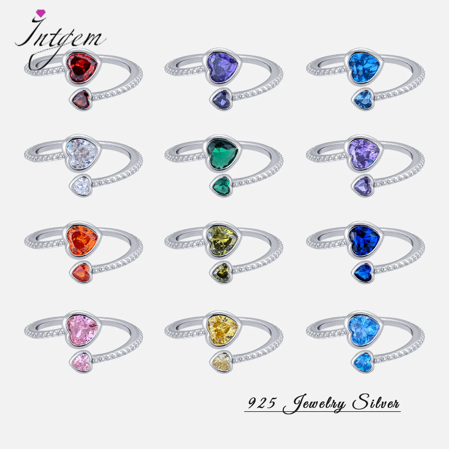 

S925 Sterling Silver Birthstone Rings Adjustable Open Heart Ring Constellation Month Band for Birthday Gifts For Women