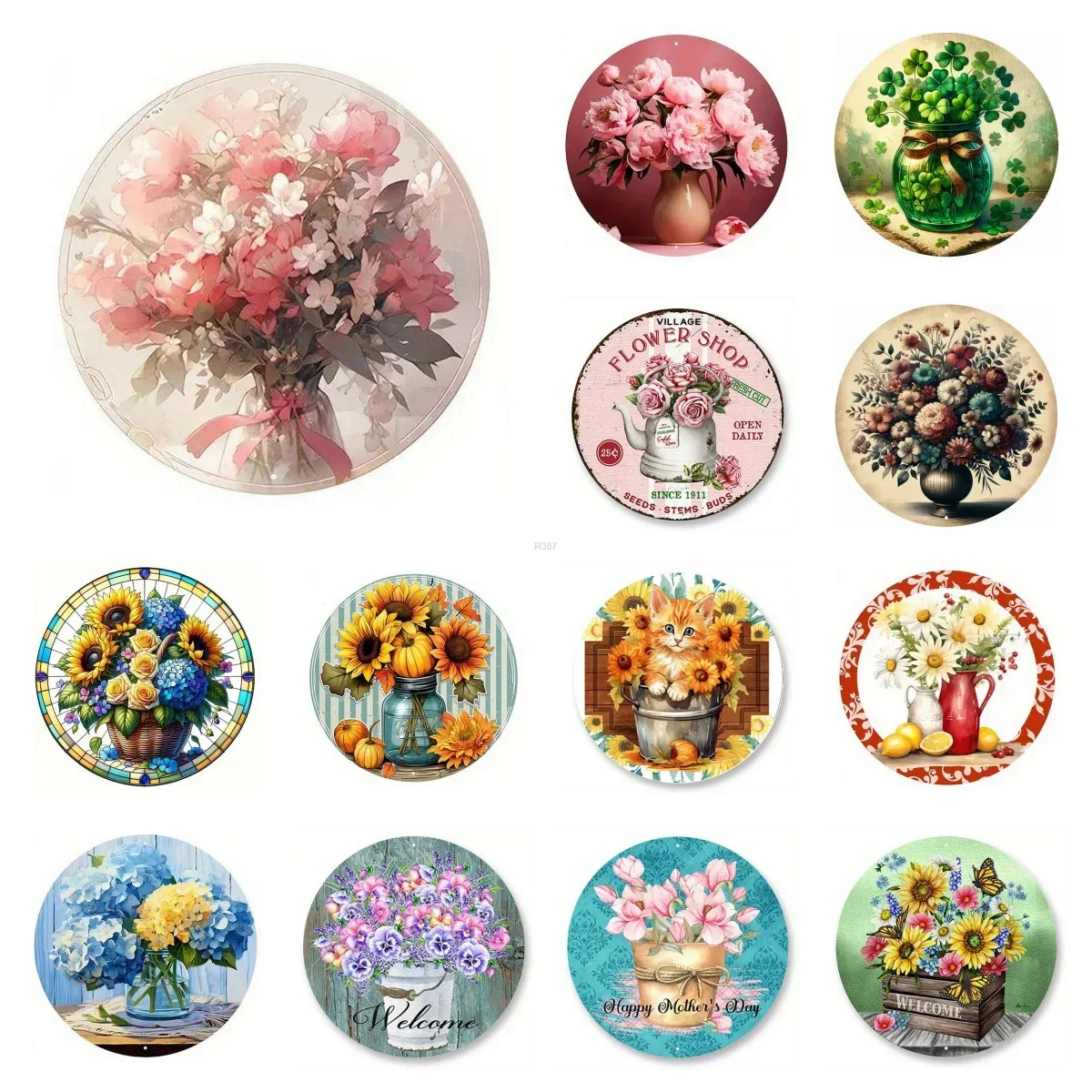 Retro Runde Metall Zinn Zeichen 2D Flache Blumen Dekor Muster Nostalgische Eisen Malerei Neuheit Für Cafe Bar Mann Höhle Wand Dekor